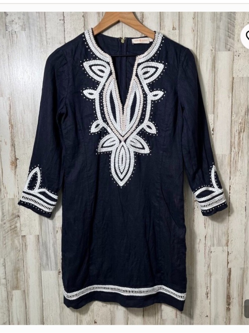 Tory Burch Odelia Navy Tunic Dress/Beach Cover-Up with White Embroidery | Size 8